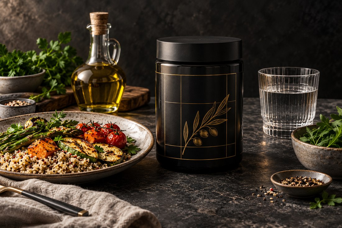 Pasto illustrativo con cereali, verdure, olio di oliva e acqua